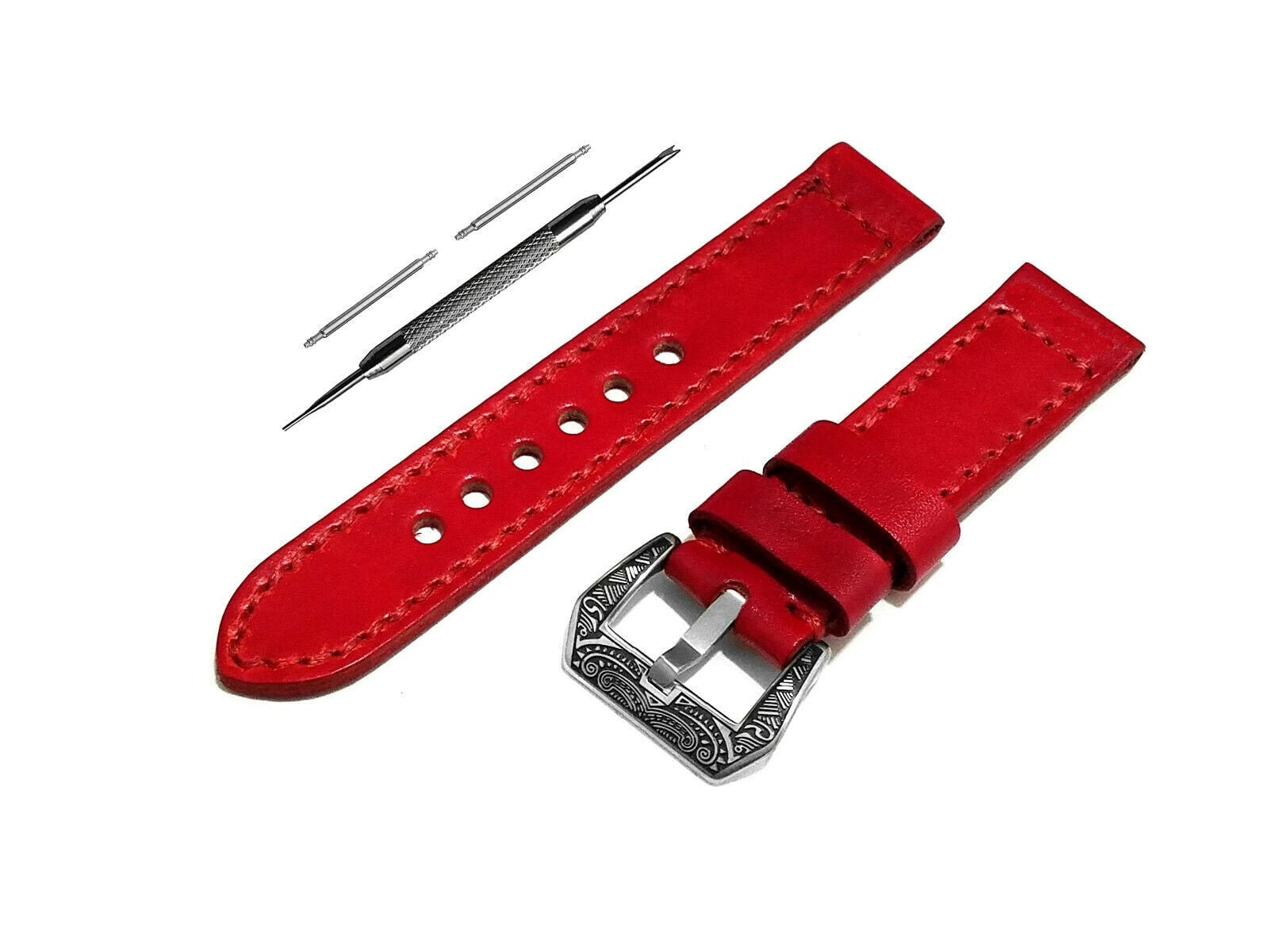 Red Brushed Color Band 18mm 19mm 20mm 21mm 22mm 23mm 24mm 25mm Width Double Sided Stitched Leather Watch Strap for Watches -Pins Buckle Tool